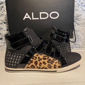 Aldo Black and Leopard Print Studded Sneakers
